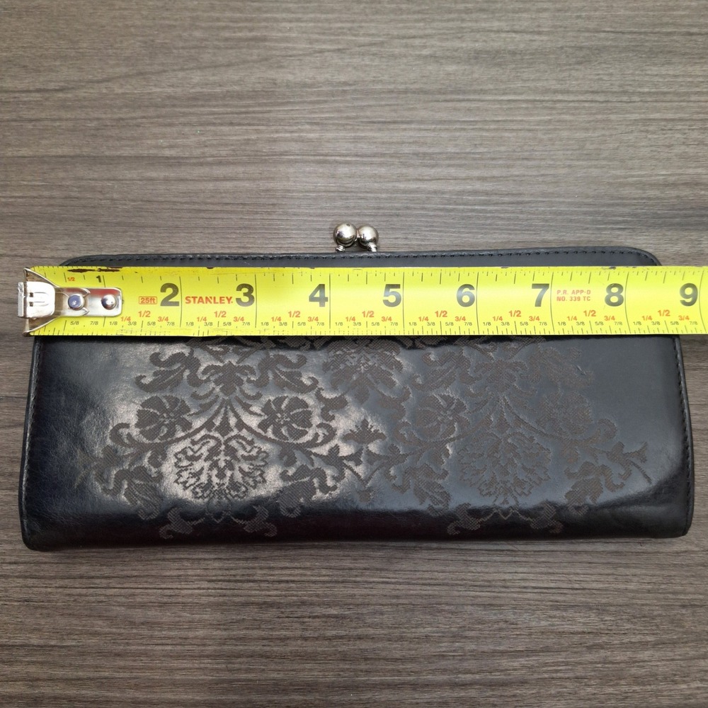 Vintage Genuine Black Leather Damask Floral Kiss Lock Silver Frame Clutch Wallet - Picture 10 of 11